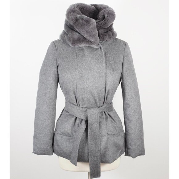 Giorgio Armani 38 US 2 coat jacket down wool cashmere belted gray fur collar